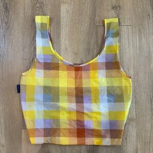 Baggu Standard Reusable Tote Bag Yellow Madras Plaid Recycled Nylon Shopper